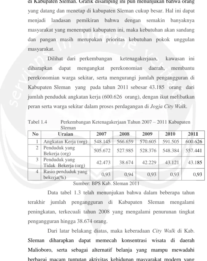 Tabel 1.4    Perkembangan Ketenagakerjaan Tahun 2007 – 2011 Kabupaten  Sleman 