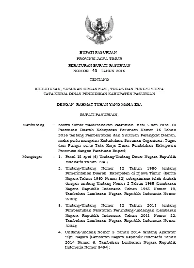 BUPATI PASURUAN PROVINSI JAWA TIMUR PERATURAN BUPATI PASURUAN NOMOR 43 ...