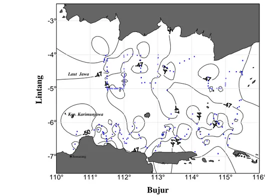 Gambar 30.  Penyebaran  rata-rata target strength ikan demersal di perairan Laut  Jawa pada Musim Peralihan II 
