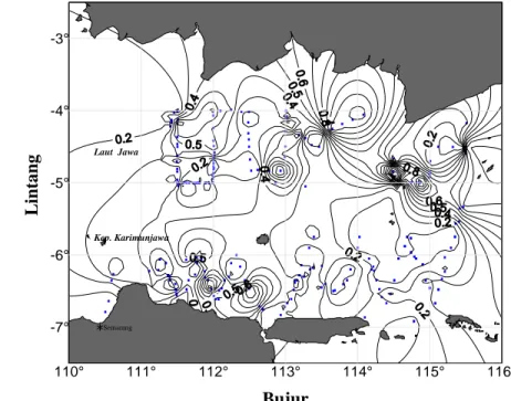 Gambar 34.  Penyebaran nilai rata-rata densitas ikan demersal pada Musim  Peralihan II di perairan Laut Jawa  