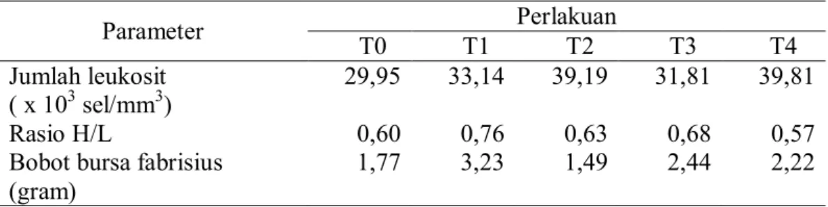 Tabel  1.  Rataan  Jumlah  Leukosit,  Rasio  Heterofil  Limfosit  (H/L)  dan  Bobot  Bursa  Fabrisius Ayam Broiler  yang diberi Tambahan Tepung Rimpang Temu Kunci  dalam Ransum  Parameter  Perlakuan      T0      T1      T2      T3     T4  Jumlah leukosit  