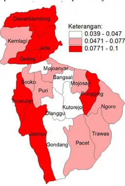 Gambar 4.2  berikut adalah deskripsi penyakit  tuberkulosis (TBC) di setiap kecamatan di Kabupaten Mojokerto  tahun 2013 yang disajikan berdasarkan prevalensi