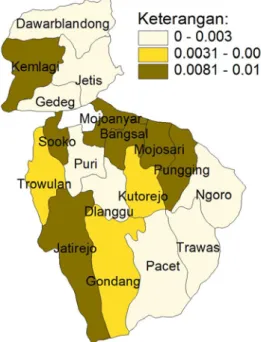 Gambar 4.8 dapat diketahui bahwa prevalensi tertinggi  untuk penyakit penyakit demam berdarah dengue (DBD) dengan  prevalensi antara 0,0081 sampai dengan 0,013 yaitu kecamatan  Kemlagi, Sooko, Mojoanyar, Bangsal, Mojosari, Pungging, dan  Jatirejo