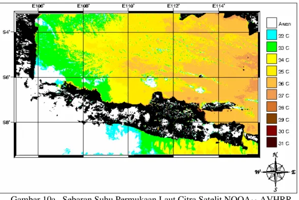 Gambar 10a.  Sebaran Suhu Permukaan Laut Citra Satelit NOOA 16 -AVHRR                         Tanggal 10 Juli 2001 