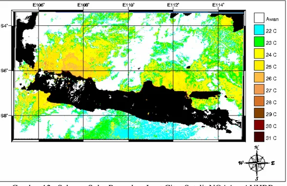 Gambar 12.  Sebaran Suhu Permukan Laut Citra Satelit NOAA 16 -AVHRR       Tanggal 5 Agustus 2001 