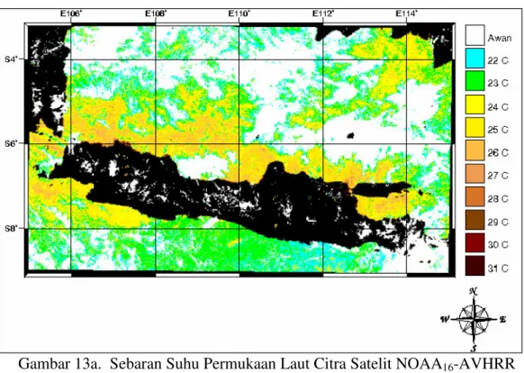 Gambar 13a.  Sebaran Suhu Permukaan Laut Citra Satelit NOAA 16 -AVHRR         Tanggal 6 Agustus 2001 