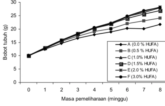 Gambar 1. Pengaruh kandungan asam lemak ω-3 HUFA  terhadap bobot tubuh juvenil kerapu bebek (C