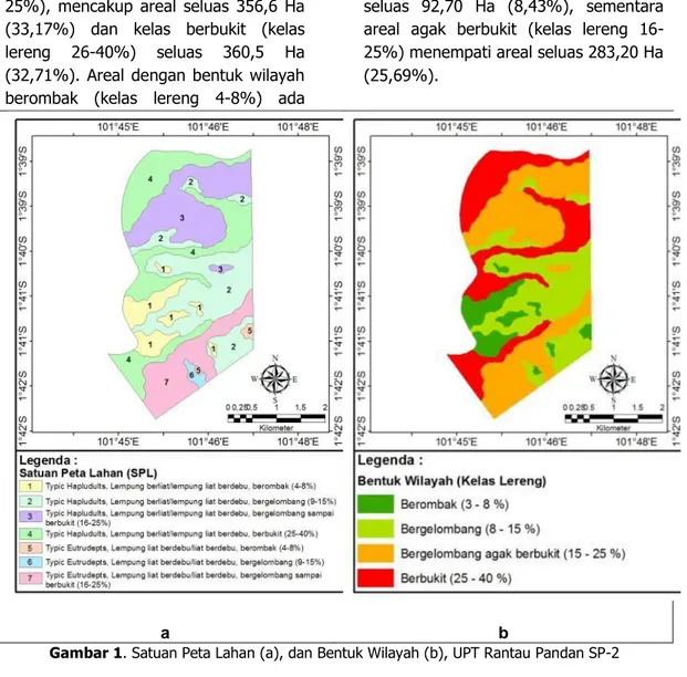 Gambar 1. Satuan Peta Lahan (a), dan Bentuk Wilayah (b), UPT Rantau Pandan SP-2  Tabel 1