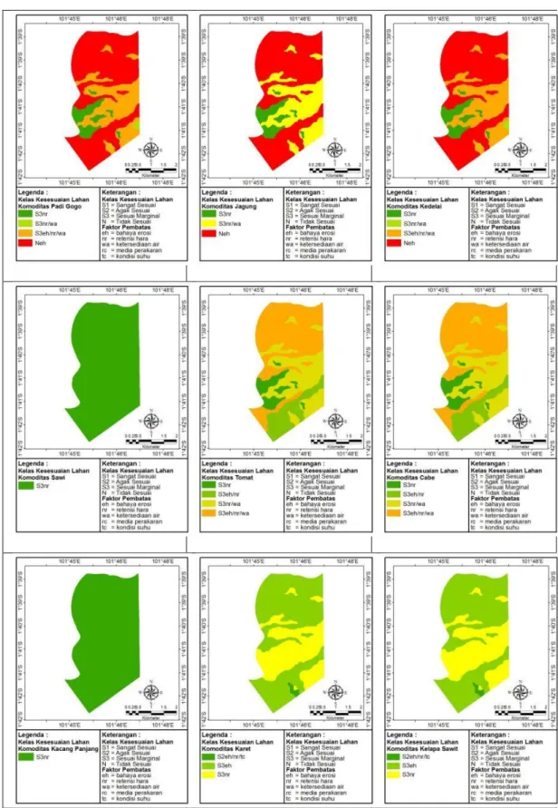 Gambar 3. Peta kesesuaian lahan aktual untuk beberapa komoditas di UPT Rantau Pandan SP-2 