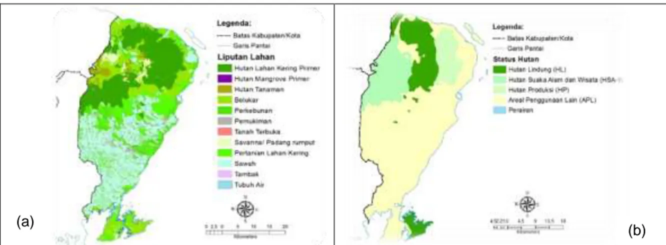 Gambar 3. Peta Liputan Lahan (a), dan Peta Penunjukan Kawasan Hutan dan Perairan (b), Kab