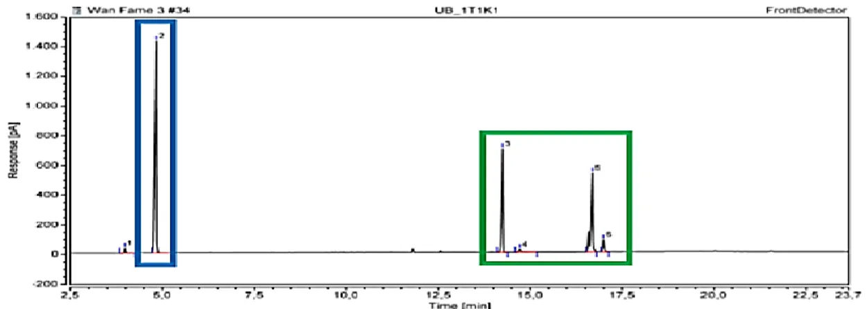 Gambar 7. Grafik kromatogram FAME biodiesel minyak sawit dengan konsentrasi katalis 1,0% dan  waktu sintesis 3 jam pada ulangan 1 