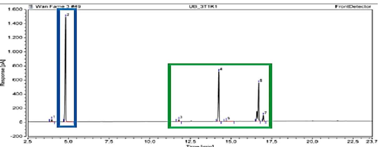 Gambar 9. Grafik kromatogram FAME biodiesel minyak sawit dengan konsentrasi katalis 1,0% dan  waktu sintesis 3 jam pada ulangan 3 