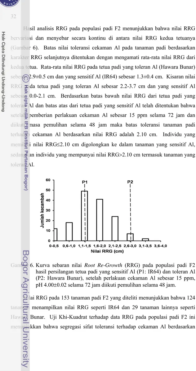 Gambar 6. Kurva sebaran nilai Root Re-Growth (RRG) pada populasi padi F2  hasil persilangan tetua padi yang sensitif Al (P1: IR64) dan toleran Al  (P2: Hawara Bunar), setelah perlakuan cekaman Al sebesar 15 ppm,  pH 4.00±0.02 selama 72 jam diikuti pemuliha