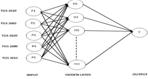 Gambar 3 Rancangan topologi JST untuk sistem tahu murni dan tahu berformalin  Rancangan topologi jaringan dipilih dengan pendekatan konstruktif, yaitu dengan suatu  jaringan  yang  kecil  dengan  satu  hidden  layer  kemudian  mengembangkan  jumlah  unit  