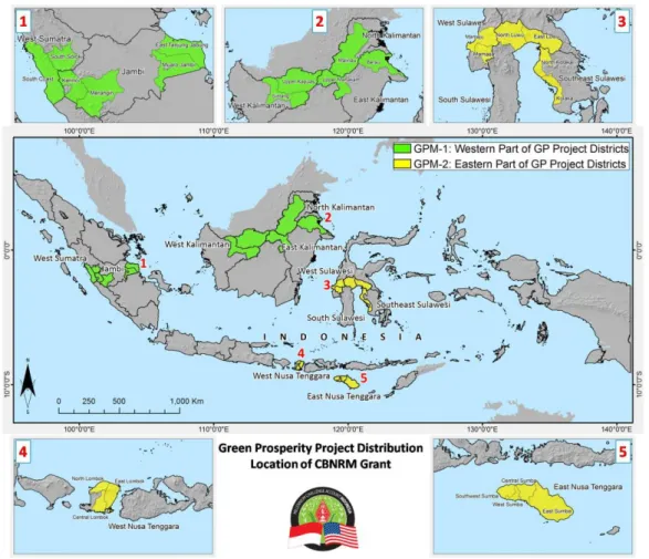 Gambar 2: Lokasi Program Hibah PSDABM di Sumatera, Sulawesi, Lombok, Sumba, dan Kalimantan 