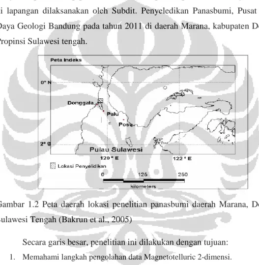 Gambar  1.2  Peta  daerah  lokasi  penelitian  panasbumi  daerah  Marana,  Donggala,  Sulawesi Tengah (Bakrun et al., 2005) 