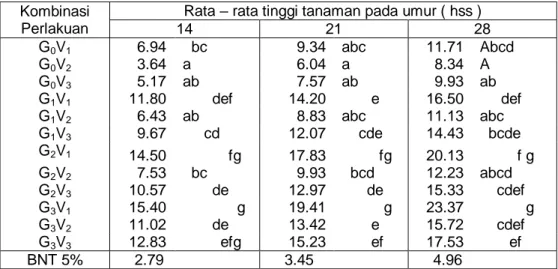 Tabel 2.  Rata-rata  panjang  akar  (cm)  akibat  pengaruh  kombinasi  perlakuan  konsentrasi  Gaucho  dan  varietas  tanaman  Tomat   pada umur 28 hari setelah semai