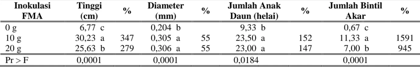 Tabel  4.  Pengaruh  jenis  FMA  lokal  Sulawesi  Tenggara  terhadap  pertumbuhan  A.  saponaria  umur  12  minggu  setelah tanam