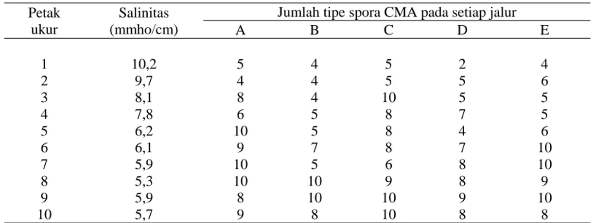 Tabel 2.  Jumlah tipe spora yang ditemukan berdasarkan tingkat salinitas tanah. 