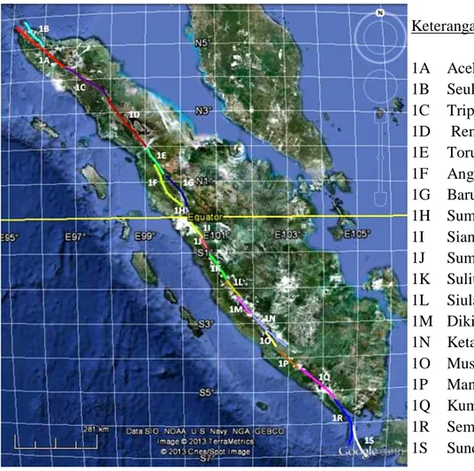 Gambar 2. Segmentasi Sesar Sumatra. (Google earth) 