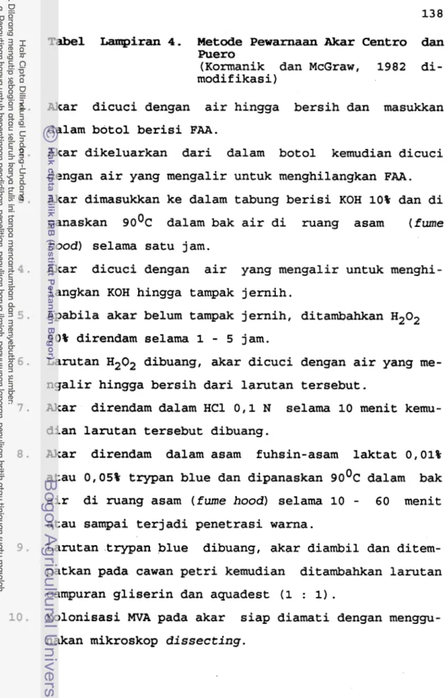 Tabel  Lampiran  4.  Metode Pewarnaan Akar Centro  dan  Puero 