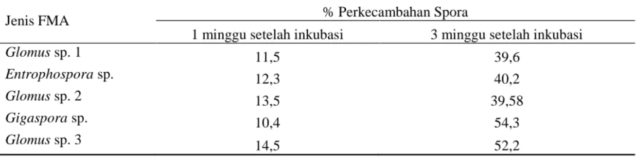 Tabel 1.  Persentase perkecambahan spora dari inokulum 5 jenis FMA yang digunakan dalam  penelitian