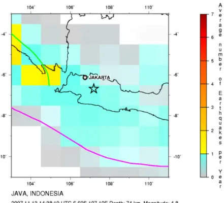 Gambar 4.1. Intensitas gempa daerah Jawa bagian barat  [http://neic.usgs.gov/, 2007] 