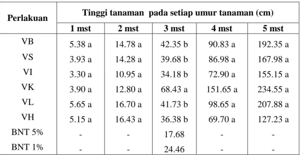 Tabel 2. Rata-rata tinggi tanaman beberapa varietas kangkung darat umur 1 minggu setelah  tanam (mst) sampai 5 minggu setelah tanam (mst)