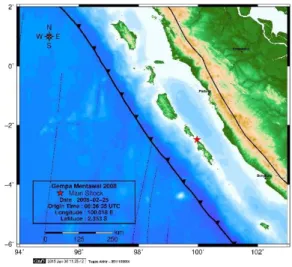 Gambar 1. Lokasi Gempa Mentawai 2008  Sebagai salah satu bentuk langkah dalam mitigasi  bencana  bagi  masyarakat  di  zona  gempa,  pengamatan  aktivitas  geodinamika  saat  ini  dibutuhkan  untuk  pembuatan  model  potensi  gempa  bumi