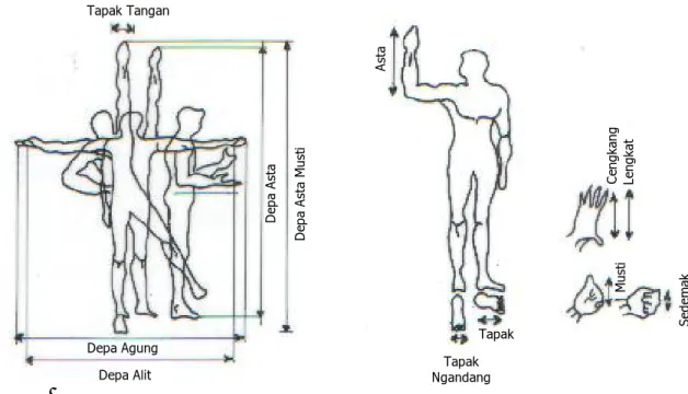 Gambar  5.  Ukuran Tubuh Manusia sebagai Dasar Pengukuran Lingkungan Buatan  Sumber: Adhika  (1994).