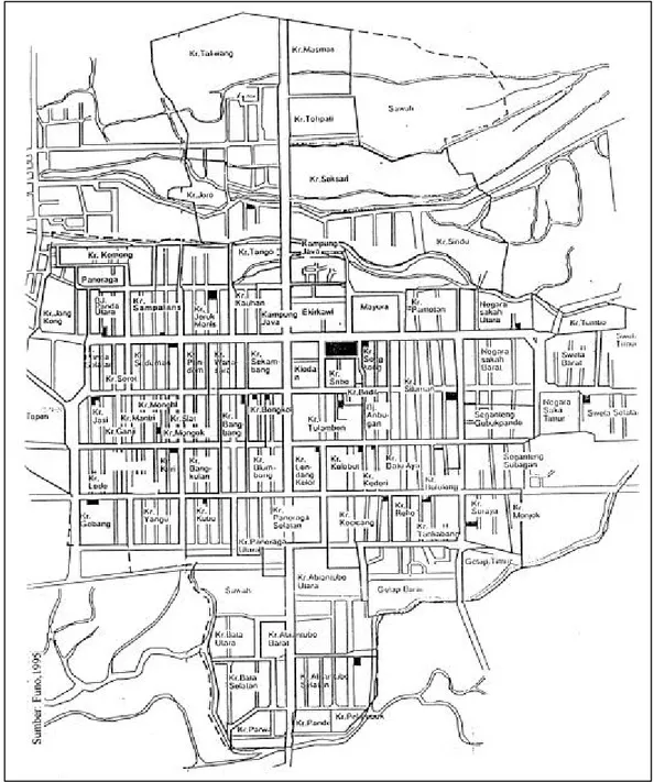 Gambar 3. Peta Kota Cakranegara dengan satuan daerah perumahan yang disebut Karang