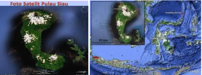 Gambar 8.  Foto Satelit Pulau Siau Dan Lokasinya Pada Peta Indonesia 