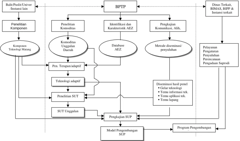 Gambar 4. Keterkaitan  antara  BPTP  dan  Sumber  Teknologi  dan  Instansi  Terkait  dalam  Proses  Penelitian,  Perakitan  Teknologi  dan  Pengkajian SUP