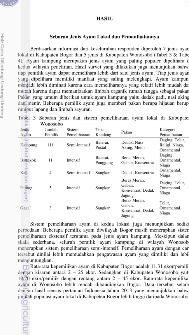 Tabel  3  Sebaran  jenis  dan  sistem  pemeliharaan  ayam  lokal  di  Kabupaten  Wonosobo  Jenis  Ayam  Jumlah  Pemilik   Sistem  Pemeliharaan  Tipe 