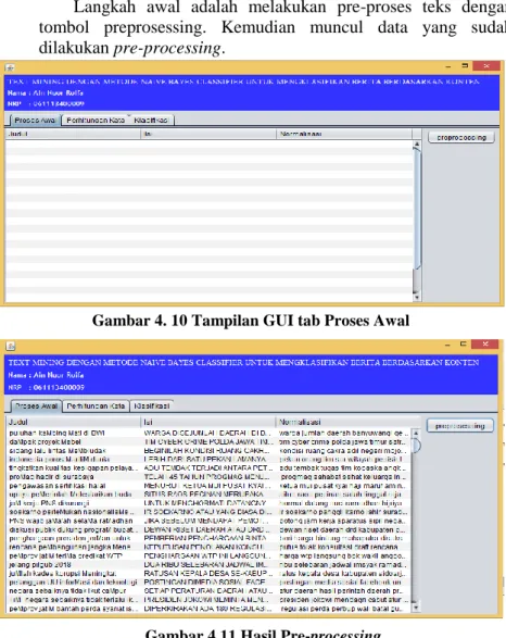 Gambar 4.11 Hasil Pre-processing  Gambar 4. 10 Tampilan GUI tab Proses Awal 