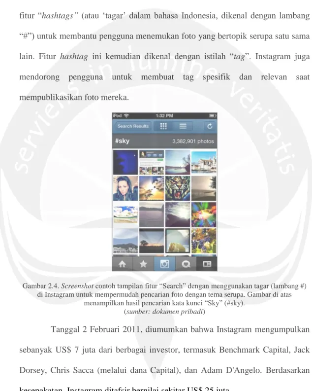 Gambar 2.4. Screenshot contoh tampilan fitur “Search” dengan menggunakan tagar (lambang #)  di Instagram untuk mempermudah pencarian foto dengan tema serupa