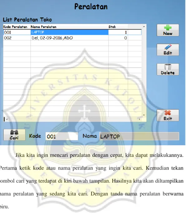 Gambar 4.14 Cari Peralatan pada Form Peralatan 