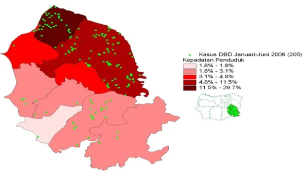 Gambar 2. Persebaran kasus DBD di kecamatan Tembalang bulan Januari-Juni 2009  dengan layer kepadatan penduduk.