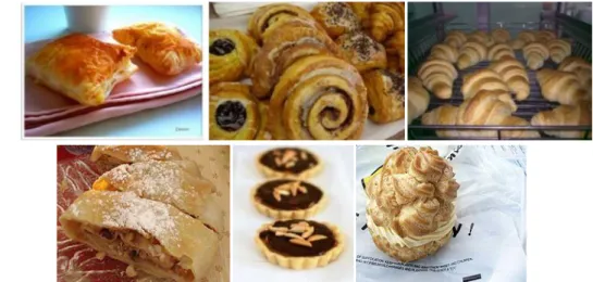Gambar 4. Produk pastry, dari kiri atas ke kanan bawah : puff pastry, danish pastry,  croissant,phyllo pastry,short pastry, dan choux pastry 