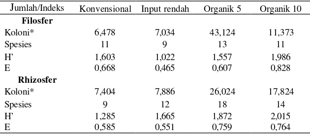 Tabel 6  Jumlah koloni, spesies, indeks shannon-wienner (H’) dan                          evenness (E) pada  MT II 