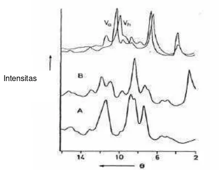 Gambar 6.  Difraksi sinar x  pati: A: kristal A, B: kristal B, V; kristal V (Belitz dan 