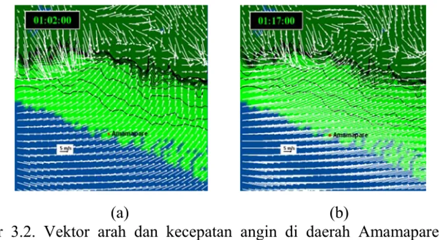 Gambar 3.2. Vektor arah dan kecepatan angin di daerah Amamapare pada  ketinggian 10 m tgl 5 Juni 2008 pada pukul 02.00 (a) dan pukul  17.00 (b)