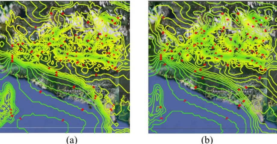 Gambar 3.4. Kontur kecepatan angin di daerah Amamapare Timika-Papua pada  tanggal 5 Mei 2008, untuk ketinggian 10 m (a) dan 25 m (b)