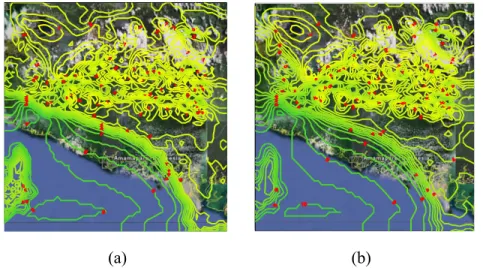 Gambar 3.5. Kontur kecepatan angin di daerah Amamapare Timika-Papua pada  tanggal 5 Agustus 2008, untuk ketinggian 10 m (a) dan 25 m (b)