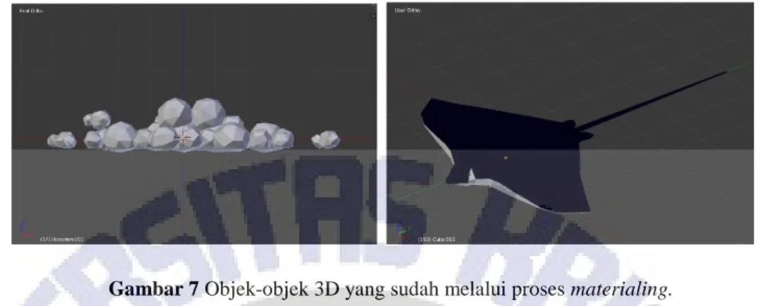 Gambar 7 Objek-objek 3D yang sudah melalui proses materialing. 