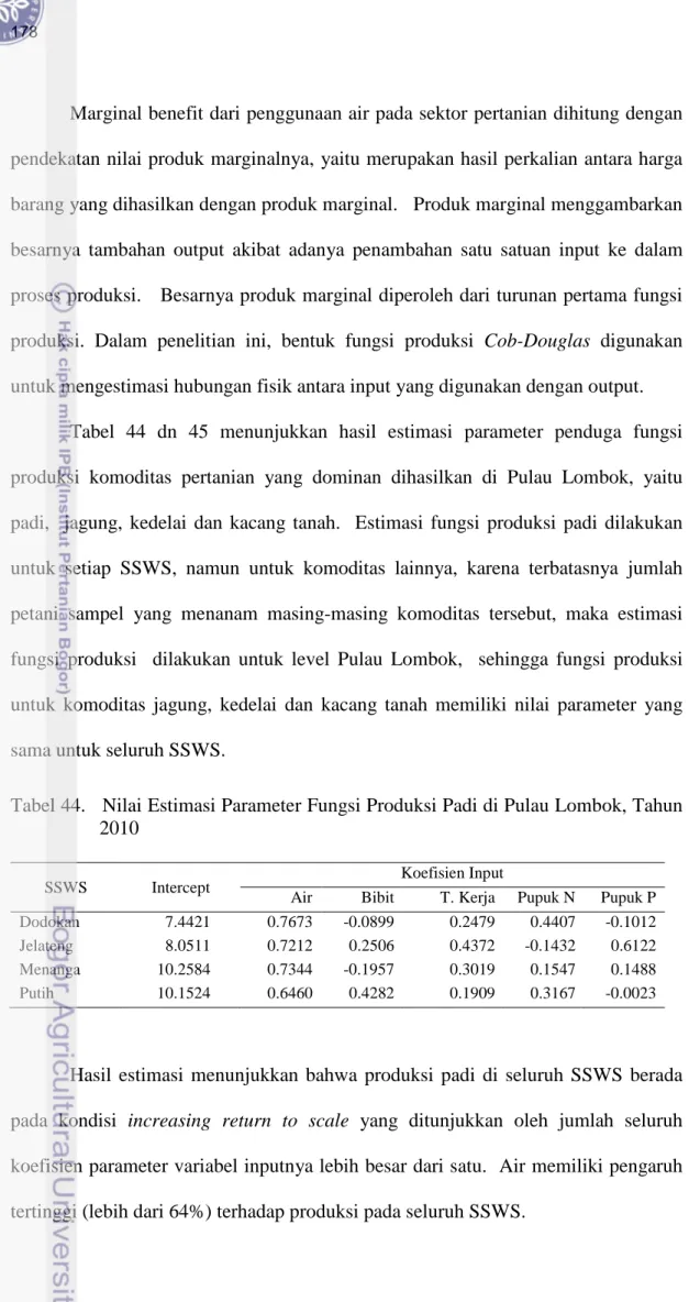 Tabel 44  dn 45  menunjukkan hasil estimasi parameter penduga fungsi  produksi komoditas pertanian yang dominan dihasilkan di Pulau Lombok, yaitu  padi,  jagung, kedelai dan kacang tanah