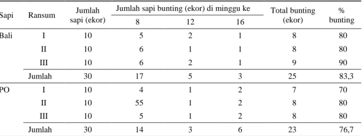 Tabel  3.  Persentase  kebuntingan  dan  jarak  waktu  mengalami  kebuntingan  pada  sapi  di  tiap  pemeriksaan  kebuntingan 