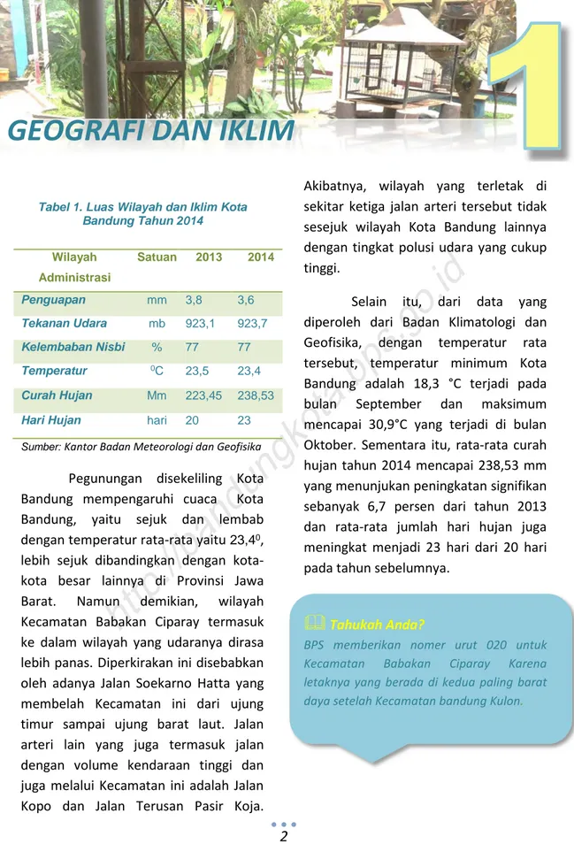 Tabel 1. Luas Wilayah dan Iklim Kota Bandung Tahun 2014