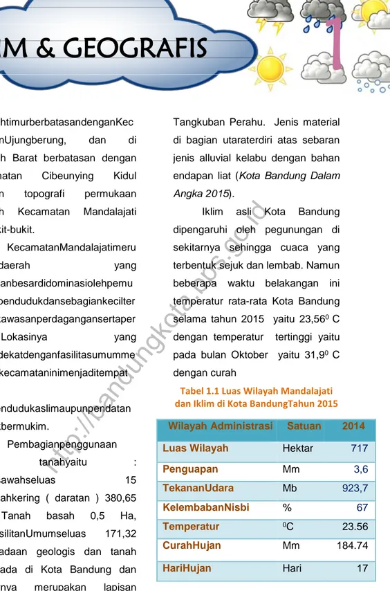 Tabel 1.1 Luas Wilayah Mandalajati dan Iklim di Kota BandungTahun 2015