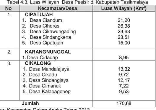 Tabel 4.3. Luas Wilayah  Desa Pesisir di Kabupaten Tasikmalaya  No  Kecamatan/Desa  Luas Wilayah (Km 2 ) 